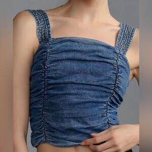 Anthropologie Pilcro Ruched Smocked Denim Crop Top Square Neck Tank Sz XL